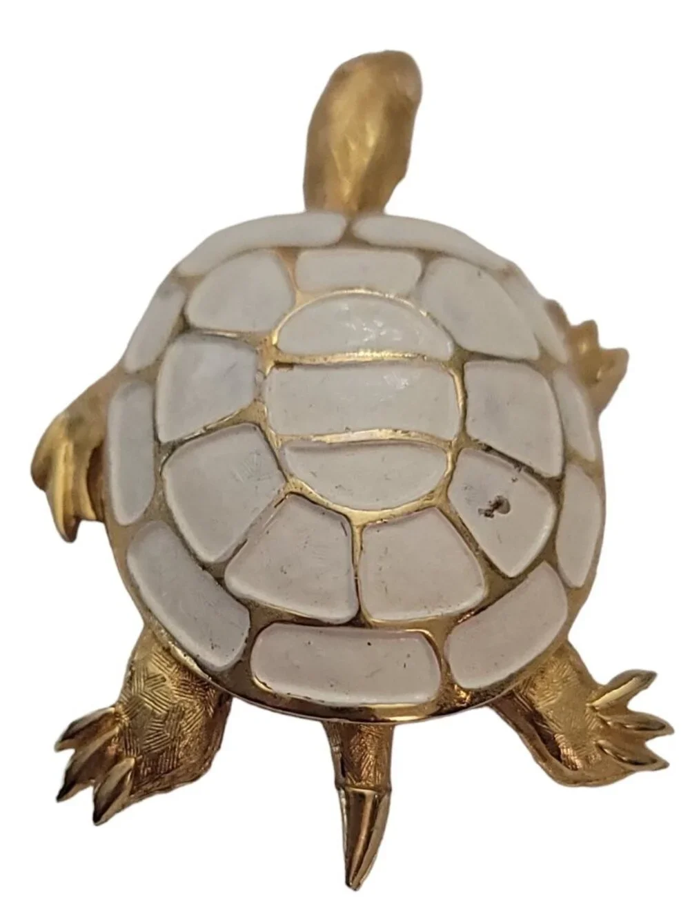 Vintage Gold Tone White Enamel Clear Rhinestone Turtle Brooch Pin E896